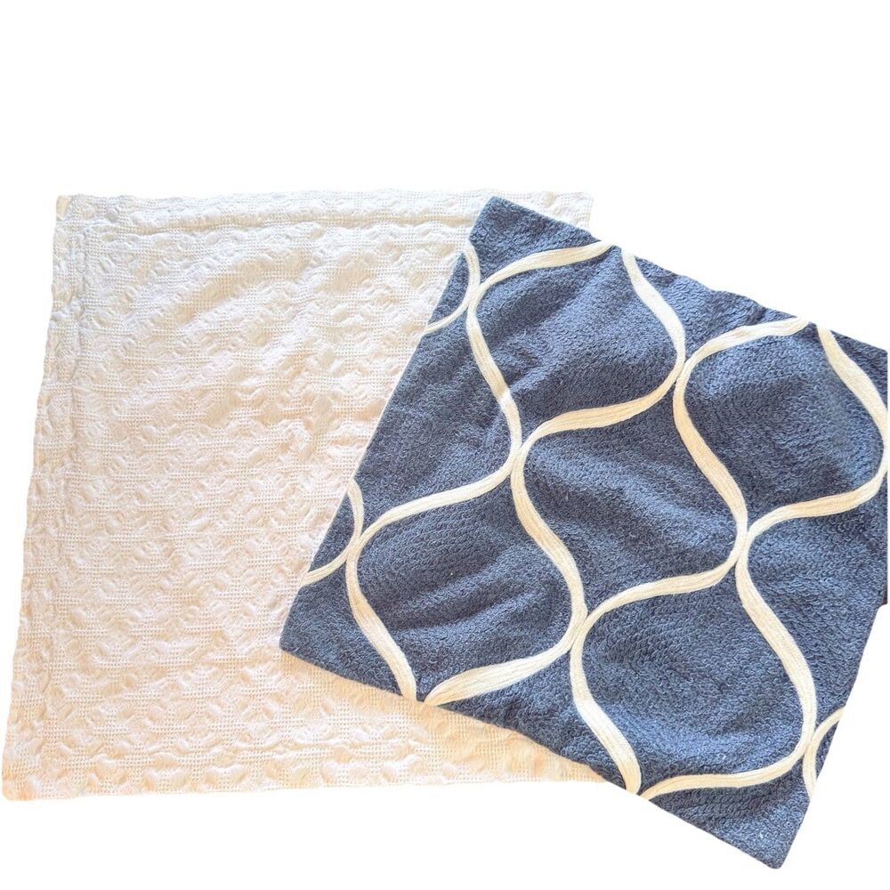 Docofil/Pottery Barn Cotton Textured White/blue Decorative Pillow Cover Set